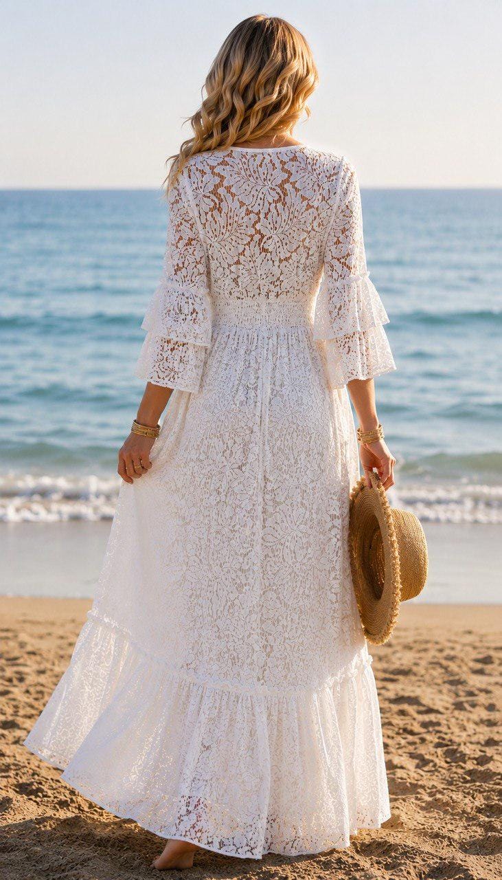 Elegant White Lace Maxi Dress, Boho Wedding Guest Dress, Romantic V-neck Dress, Cottagecore Summer Dress.