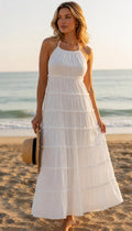 White Boho Maxi Dress, Beach Vacation Dress, Halter Summer Dress, Resort Wear, Flowy White Dress, Honeymoon Dress, Bohemian Maxi Dress.