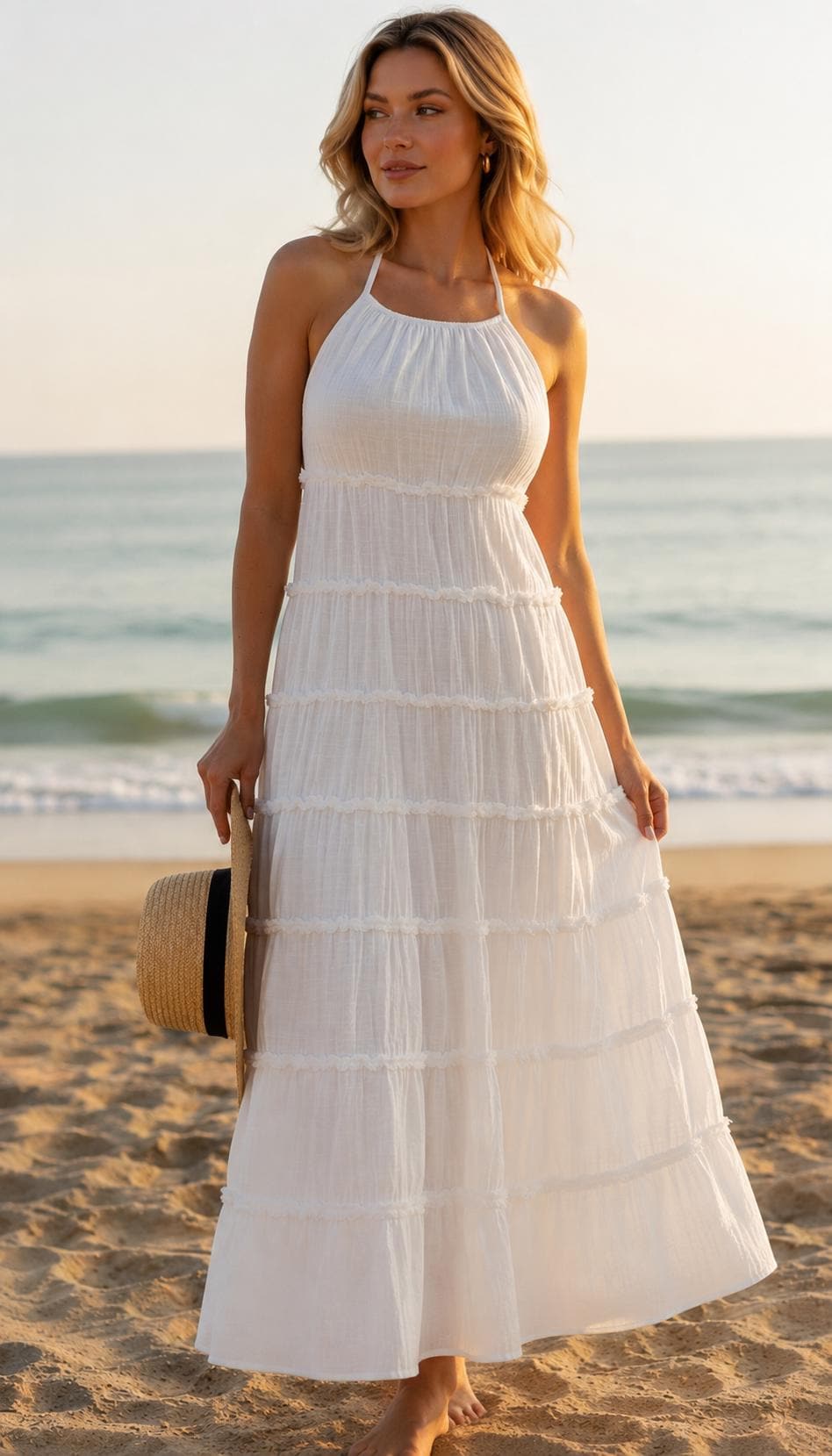 White Boho Maxi Dress, Beach Vacation Dress, Halter Summer Dress, Resort Wear, Flowy White Dress, Honeymoon Dress, Bohemian Maxi Dress.