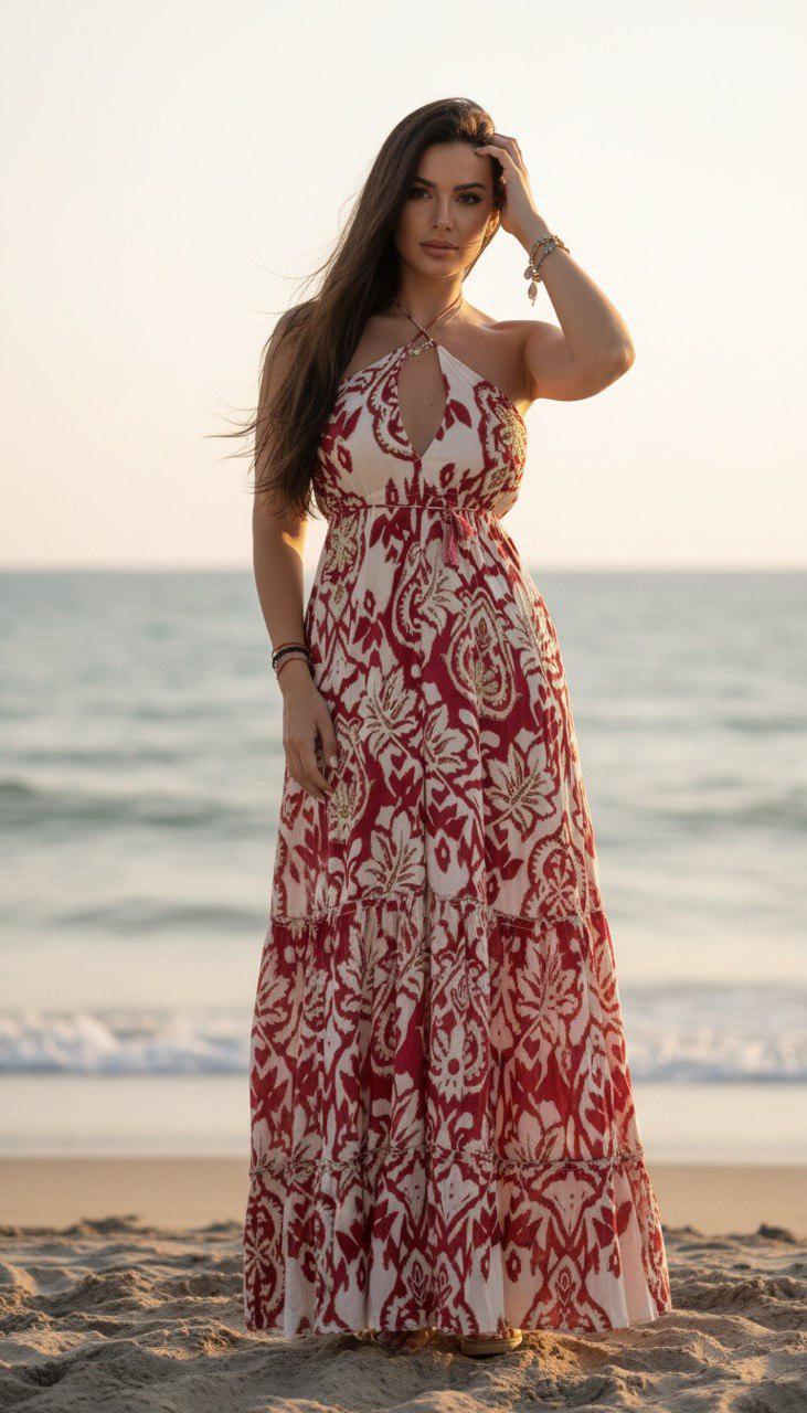Red & White Boho Maxi Dress, Halter Beach Dress, Summer Vacation Dress, Floral Print Maxi, Resort Wear, Flowy Sundress, Hippie Maxi Dress.