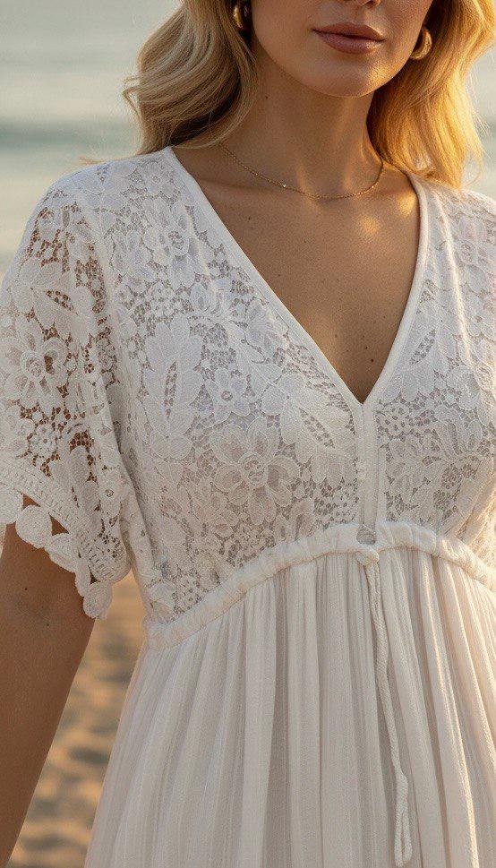 Boho Lace Midi Dress | Romantic Cottagecore Dress | Flowy Summer Dress | Bohemian Wedding Guest Dress | White Beige Black Green Dress.