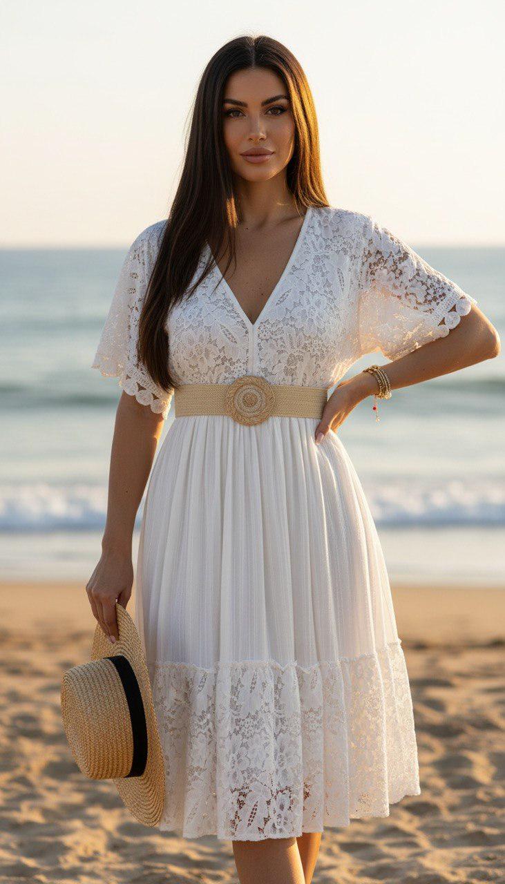 Boho Lace Midi Dress | Romantic Cottagecore Dress | Flowy Summer Dress | Bohemian Wedding Guest Dress | White Beige Black Green Dress.