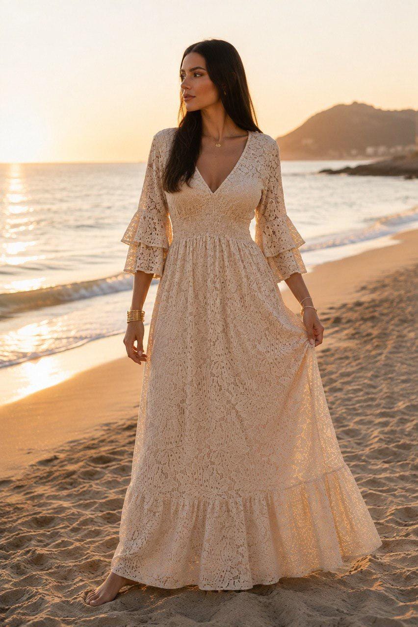 Boho Lace Maxi Dress, Cream Beach Dress, Bohemian Wedding Guest Dress, V Neck Long Dress, Flowy Summer Dress, Resort Wear, Bridal Shower.