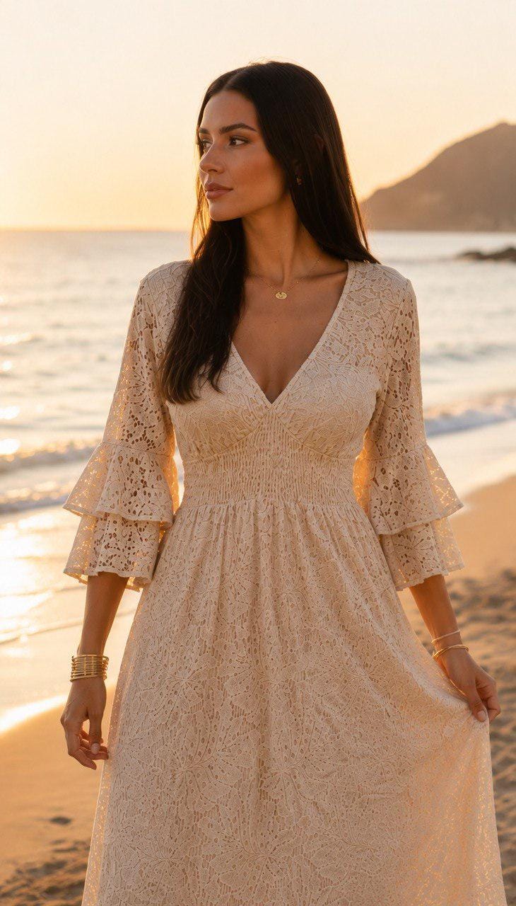 Boho Lace Maxi Dress, Cream Beach Dress, Bohemian Wedding Guest Dress, V Neck Long Dress, Flowy Summer Dress, Resort Wear, Bridal Shower.
