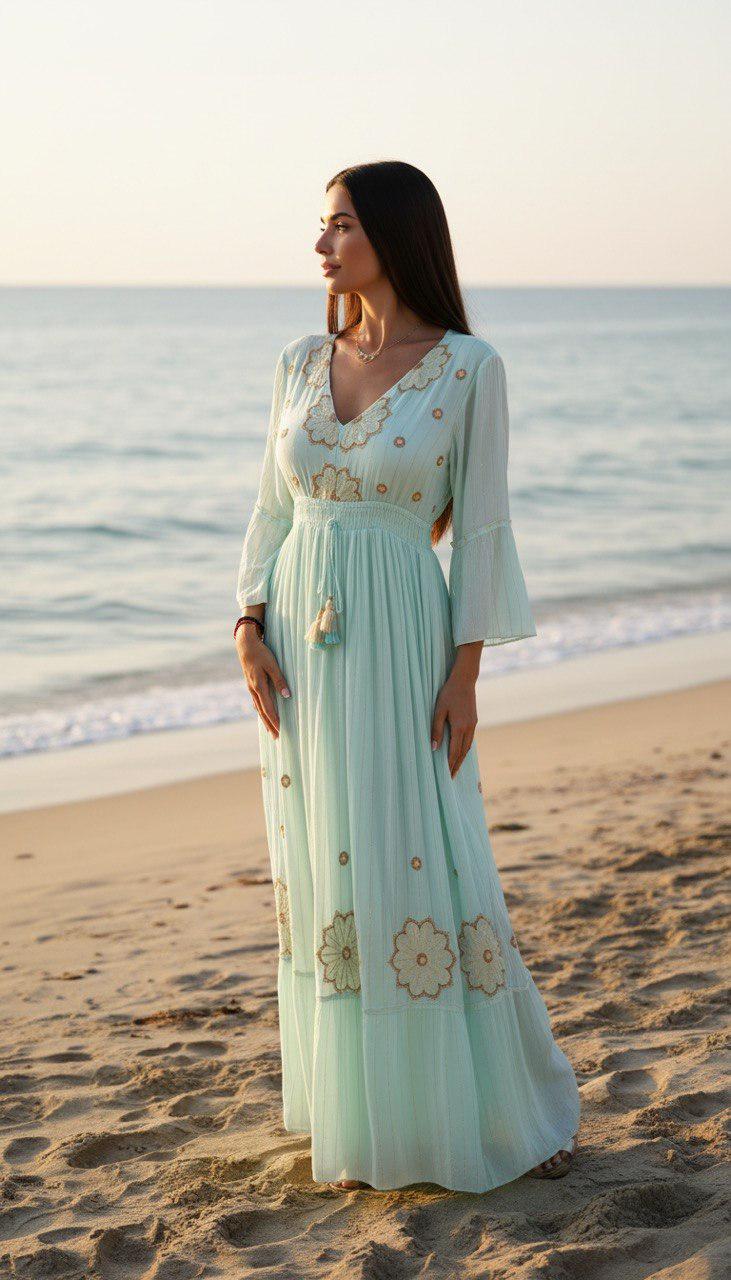 Blush Pink Boho Maxi Dress for Women, Embroidered Long Sleeve Dress, Pleated Summer Dress, Modest Wedding Guest Dress.