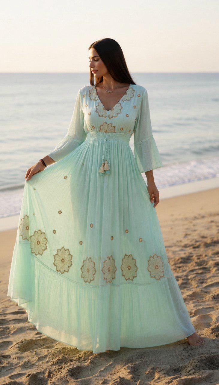 Mint Green Boho Maxi Dress, Embroidered Beach Dress, V Neck Summer Dress, Flowy Resort Wear, Bohemian Vacation Dress, Long Sleeve Maxi Dress