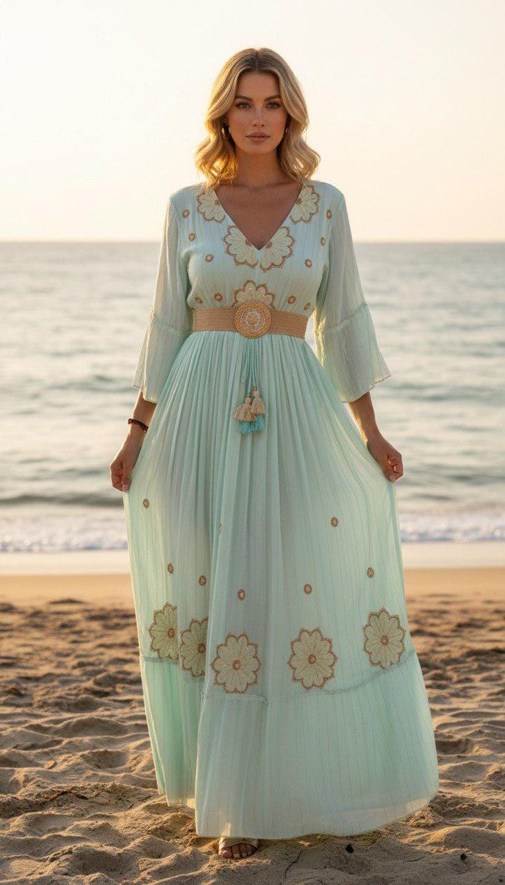 Mint Green Boho Maxi Dress, Embroidered Beach Dress, V Neck Summer Dress, Flowy Resort Wear, Bohemian Vacation Dress, Long Sleeve Maxi Dress