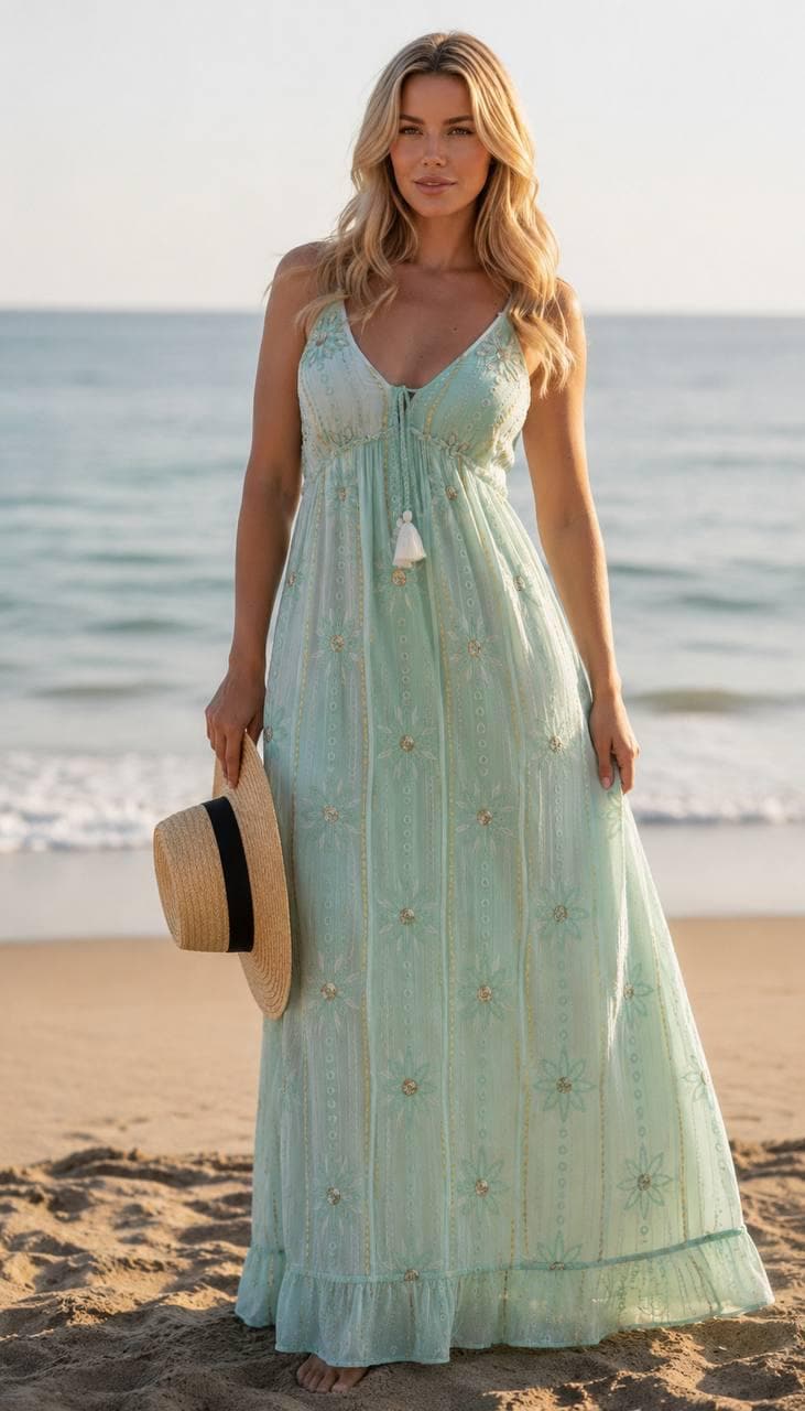 Boho Maxi Dress, Mint Green Summer Dress, Beach Vacation Dress, Floral Embroidered Long Dress, Bohemian Sundress, Resort Wear, Cottagecore .