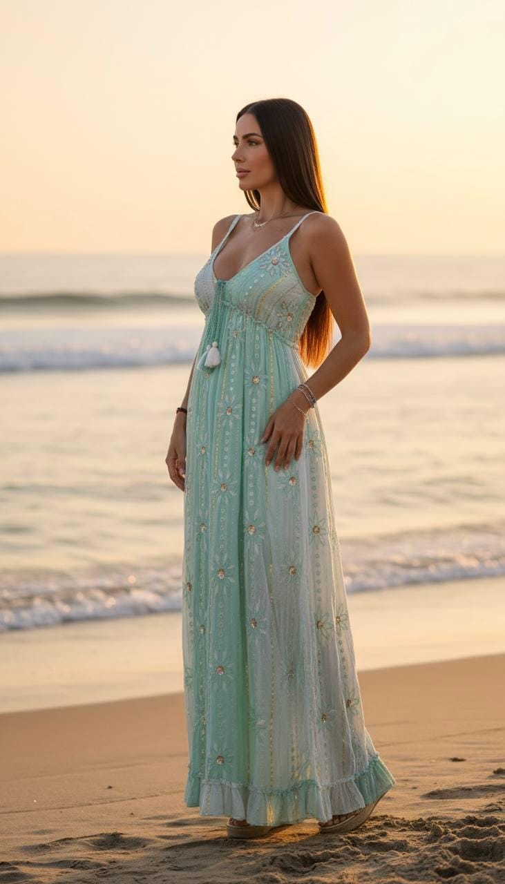 Boho Maxi Dress, Mint Green Summer Dress, Beach Vacation Dress, Floral Embroidered Long Dress, Bohemian Sundress, Resort Wear, Cottagecore .