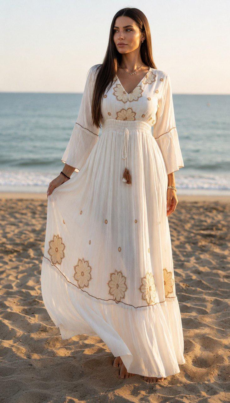 Mint Green Boho Maxi Dress, Embroidered Beach Dress, V Neck Summer Dress, Flowy Resort Wear, Bohemian Vacation Dress, Long Sleeve Maxi Dress