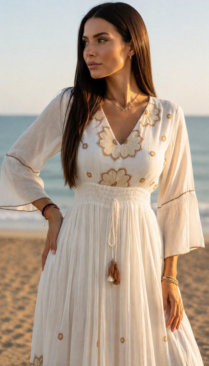 Blush Pink Boho Maxi Dress for Women, Embroidered Long Sleeve Dress, Pleated Summer Dress, Modest Wedding Guest Dress.