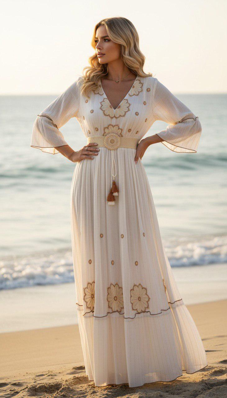 Boho White Maxi Dress for Women, Embroidered Beach Dress, Summer Vacation Dress, Cottagecore Long Dress, Resort Wear Gift.