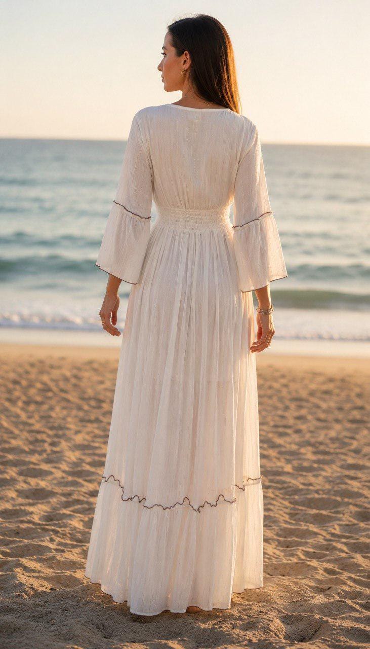 Boho White Maxi Dress for Women, Embroidered Beach Dress, Summer Vacation Dress, Cottagecore Long Dress, Resort Wear Gift.