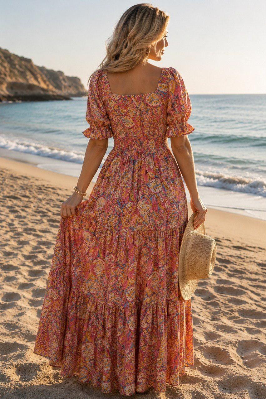 Boho off Shoulder Maxi Dress for Women, Orange Floral Bohemian Dress, Summer Vacation Dress, Wedding Guest Maxi Dress, Silk Boho Dress.