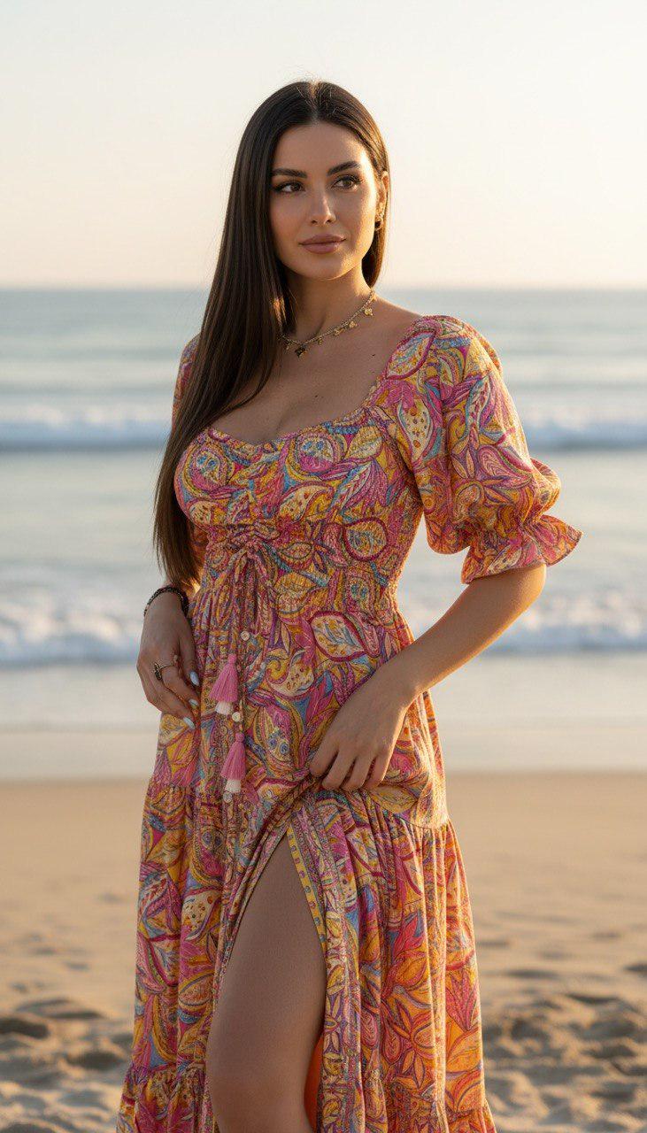 Paisley Boho Maxi Dress, off Shoulder Summer Dress, Flowy Bohemian Dress, Beach Vacation Dress, Romantic Resort Wear.