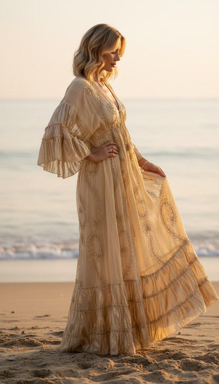 Boho Beige Maxi Dress for Women, Embroidered Beach Dress, Resort Vacation Dress, Flowy Bohemian Maxi Dress, Beach Wedding Guest.