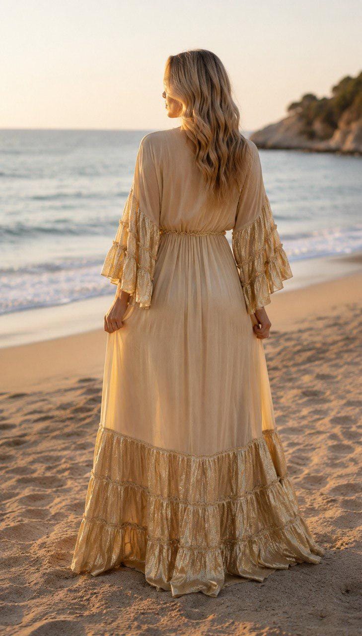 Boho Beige Maxi Dress for Women, Embroidered Beach Dress, Resort Vacation Dress, Flowy Bohemian Maxi Dress, Beach Wedding Guest.
