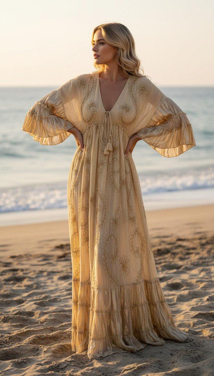Boho Beige Maxi Dress for Women, Embroidered Beach Dress, Resort Vacation Dress, Flowy Bohemian Maxi Dress, Beach Wedding Guest.