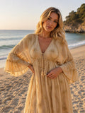 Boho Beige Maxi Dress for Women, Embroidered Beach Dress, Resort Vacation Dress, Flowy Bohemian Maxi Dress, Beach Wedding Guest.