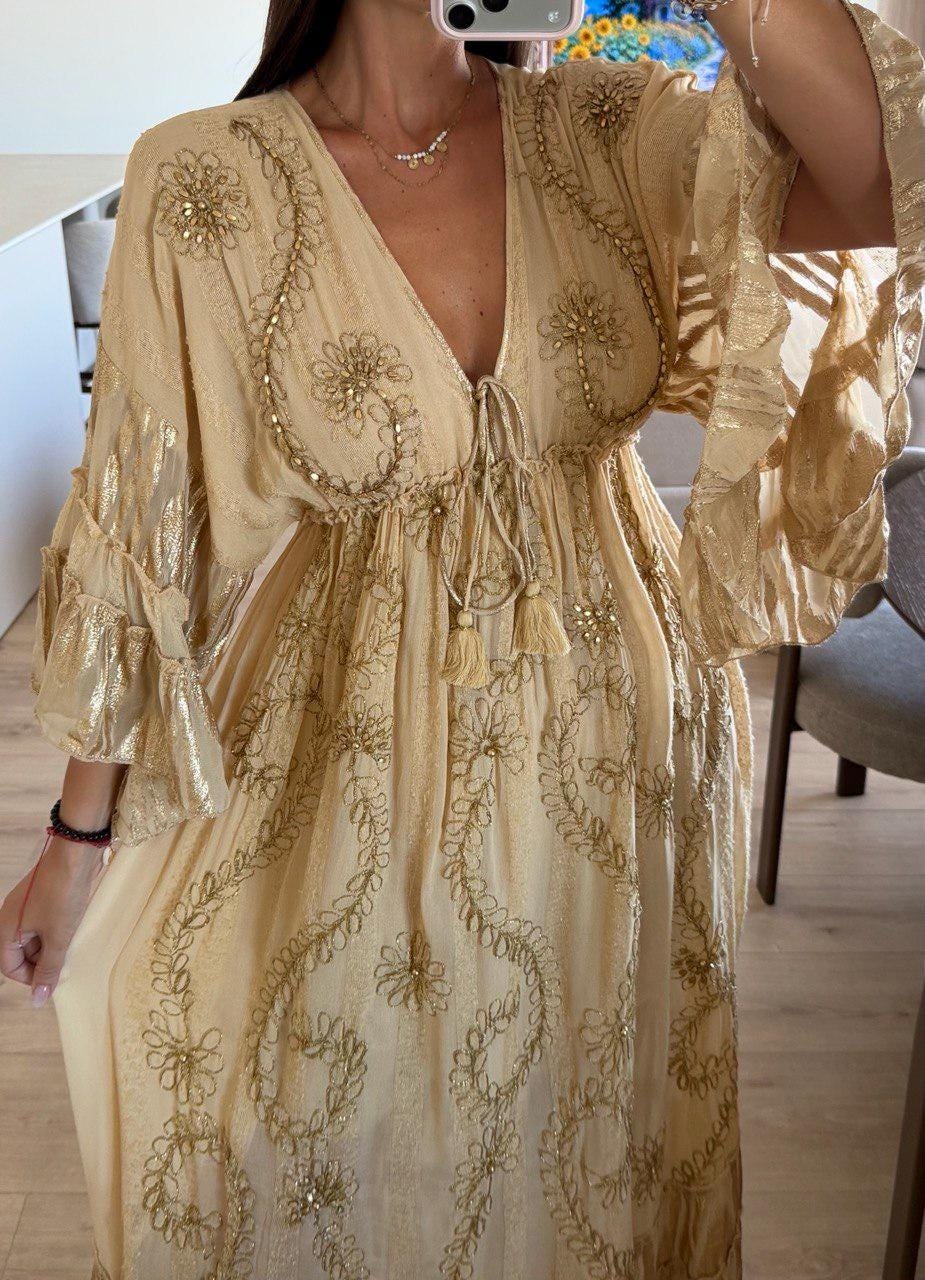 Boho Beige Maxi Dress for Women, Embroidered Beach Dress, Resort Vacation Dress, Flowy Bohemian Maxi Dress, Beach Wedding Guest.