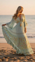 Sky Blue Boho Maxi Dress, Embroidered Long Dress, Resort Wear for Women, Beach Vacation Outfit, Flowy Bohemian Dress.