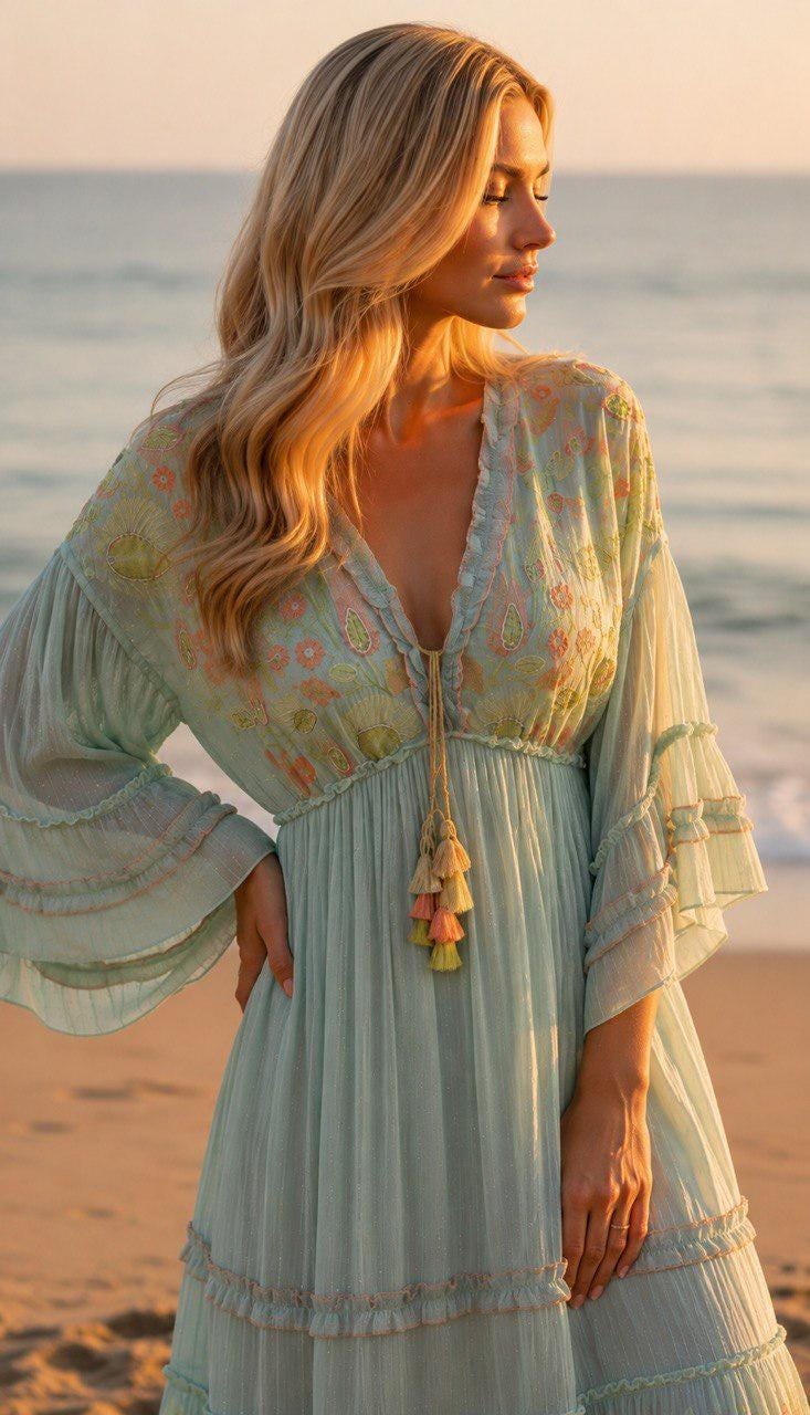 Sky Blue Boho Maxi Dress, Embroidered Long Dress, Resort Wear for Women, Beach Vacation Outfit, Flowy Bohemian Dress.