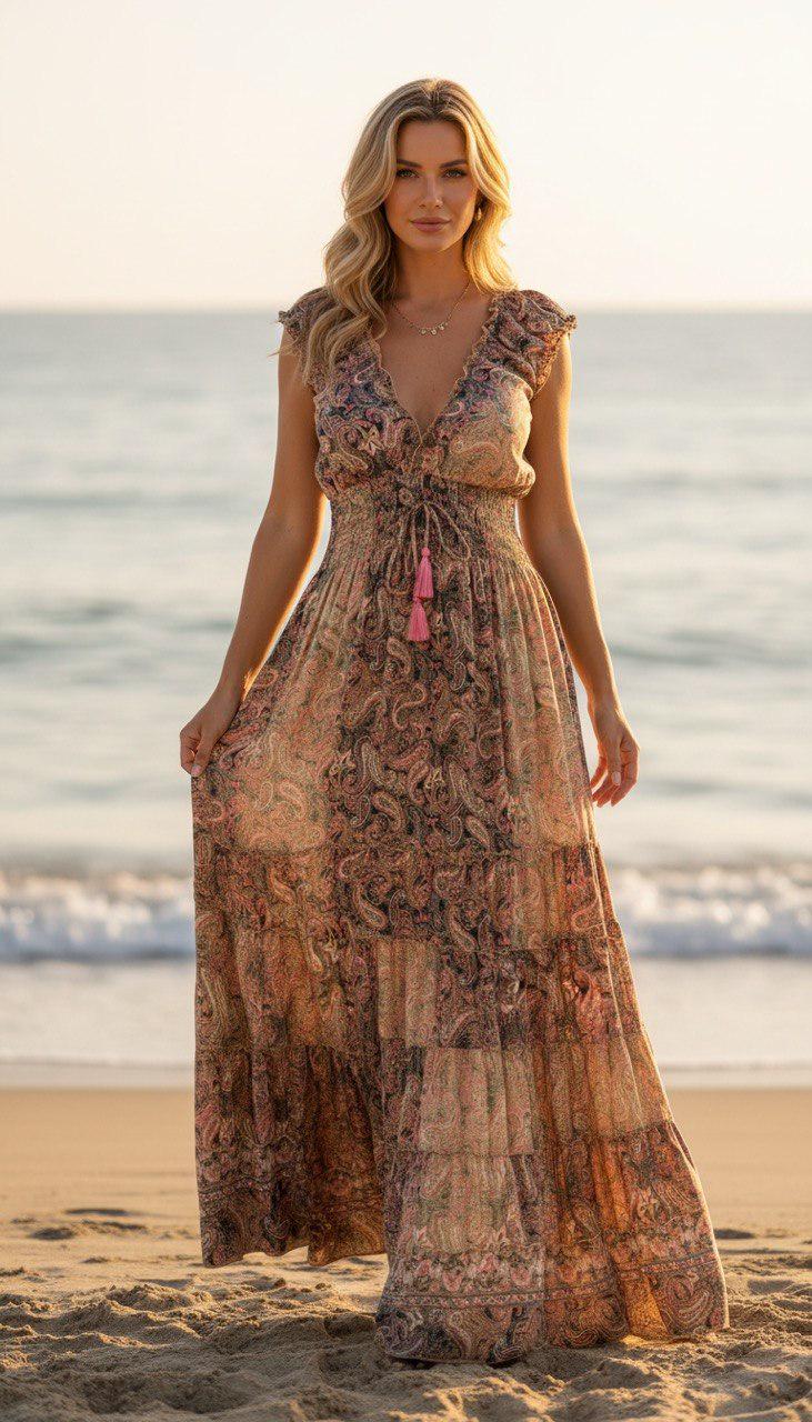 Boho Paisley Maxi Dress for Women, Blush Pink Summer Dress, Flowy Beach Dress, Resort Vacation Dress, Bohemian Long Dress, Beach Boho Dress.