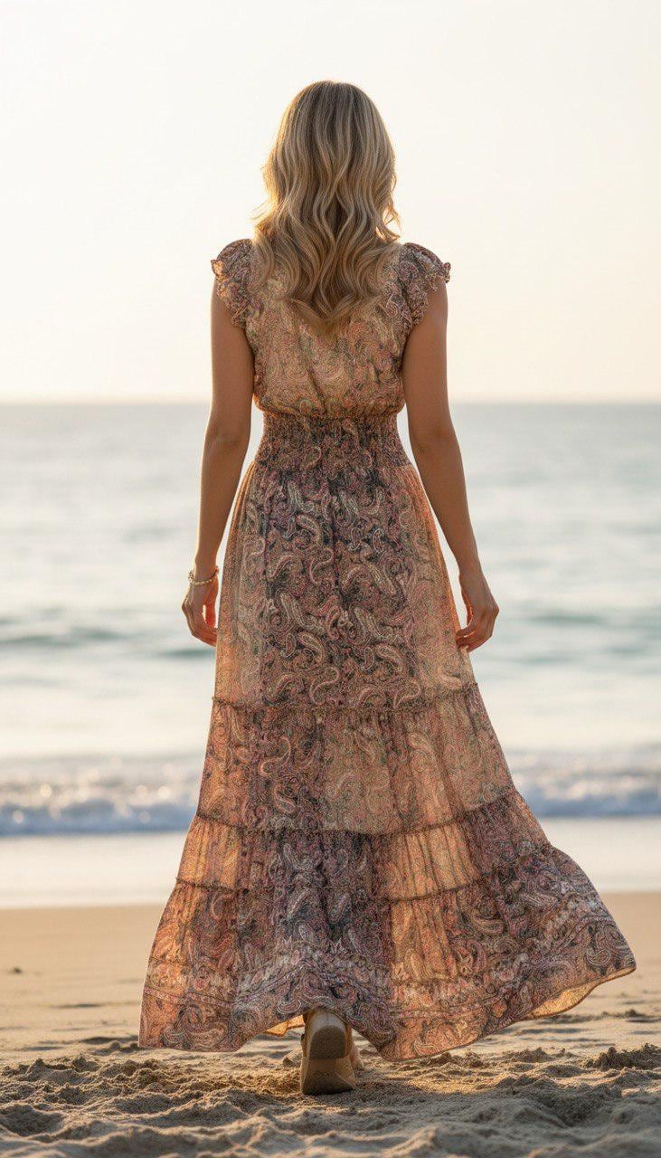 Boho Paisley Maxi Dress for Women, Blush Pink Summer Dress, Flowy Beach Dress, Resort Vacation Dress, Bohemian Long Dress, Beach Boho Dress.