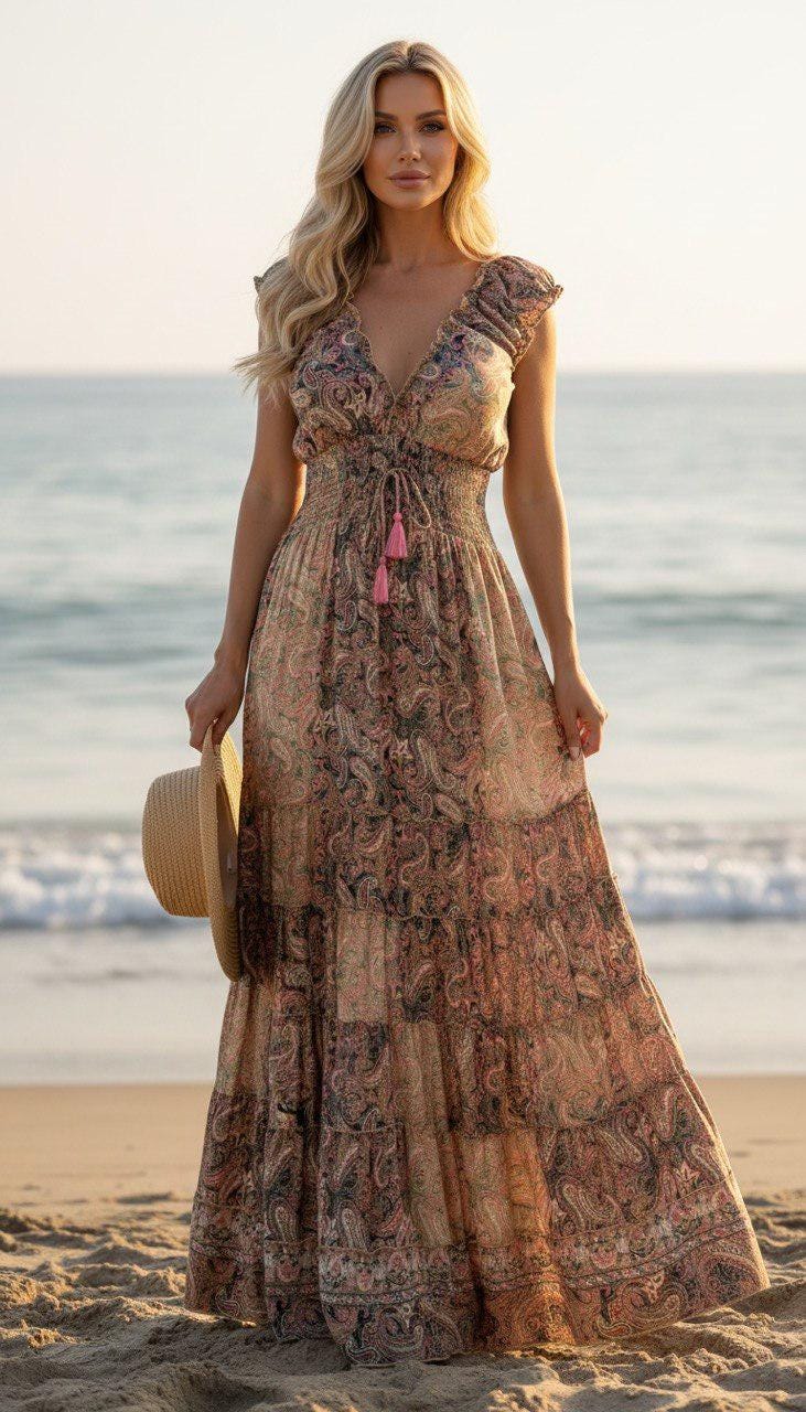 Boho Paisley Maxi Dress for Women, Blush Pink Summer Dress, Flowy Beach Dress, Resort Vacation Dress, Bohemian Long Dress, Beach Boho Dress.
