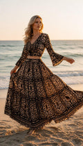 Black & Beige Boho Two Piece Set, Bohemian Maxi Skirt Set, Crop Top and Long Skirt, Resort Wear, Vacation Outfit, Festival Set.