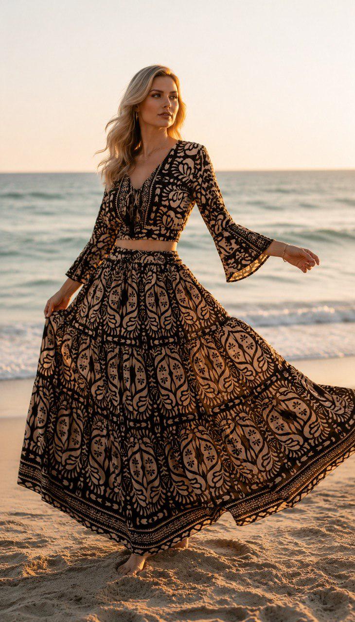 Black & Beige Boho Two Piece Set, Bohemian Maxi Skirt Set, Crop Top and Long Skirt, Resort Wear, Vacation Outfit, Festival Set.
