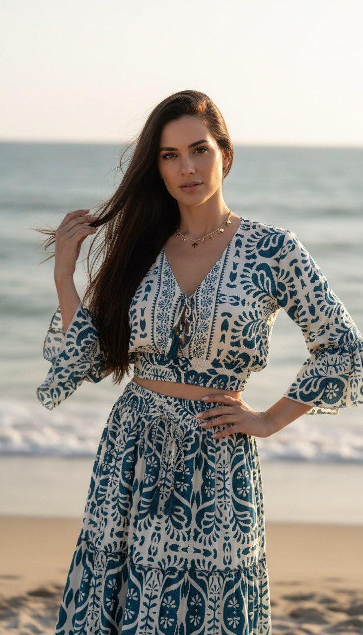 Black & Beige Boho Two Piece Set, Bohemian Maxi Skirt Set, Crop Top and Long Skirt, Resort Wear, Vacation Outfit, Festival Set.