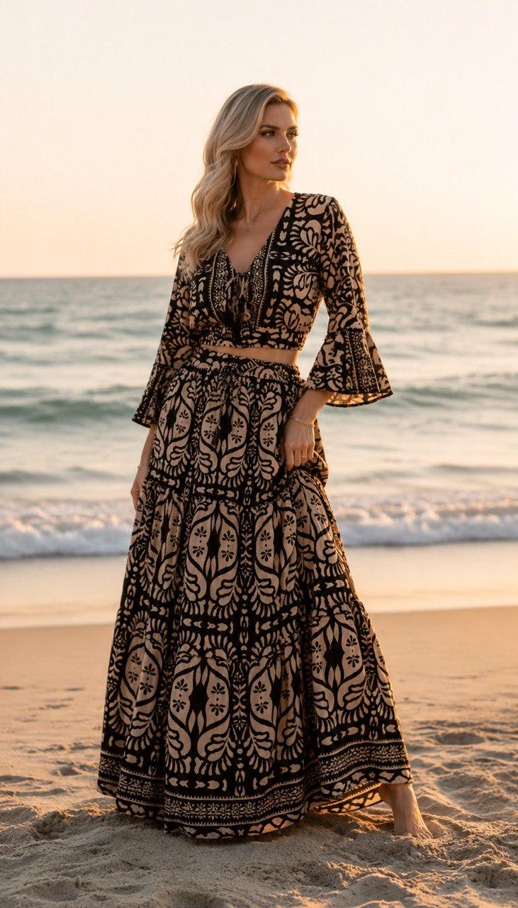 Silk Two Piece Skirt Set for Women – Long Sleeve Crop Top and Matching Maxi Skirt – Elegant Satin Co Ord Outfit for Party and Vacation.