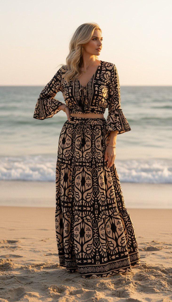 Silk Two Piece Skirt Set for Women – Long Sleeve Crop Top and Matching Maxi Skirt – Elegant Satin Co Ord Outfit for Party and Vacation.