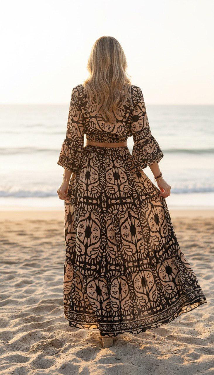 Silk Two Piece Skirt Set for Women – Long Sleeve Crop Top and Matching Maxi Skirt – Elegant Satin Co Ord Outfit for Party and Vacation.