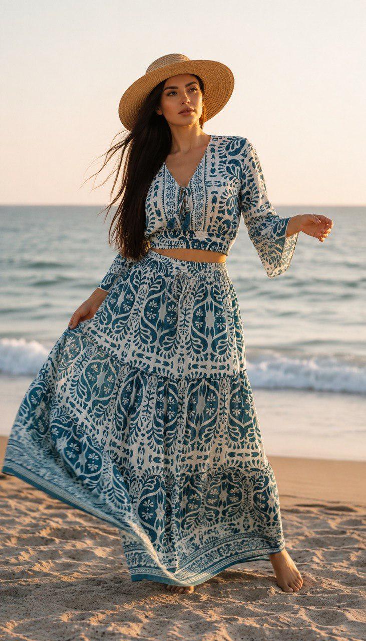 Silk Two Piece Skirt Set for Women – Long Sleeve Crop Top and Matching Maxi Skirt – Elegant Satin Co Ord Outfit for Party and Vacation.