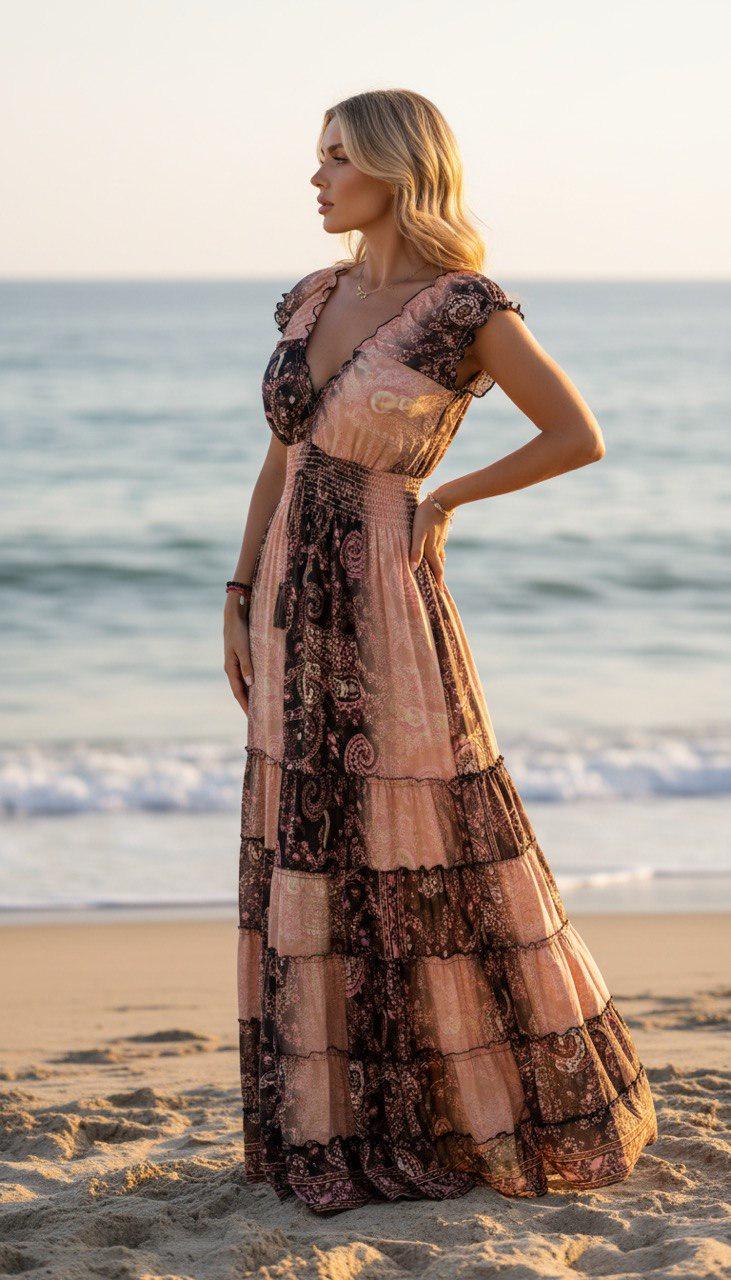 Boho Maxi Dress for Women, Patchwork Floral Long Dress, Smocked Waist Summer Dress, Romantic Beach Vacation Dress, Bohemian Festival Gown.