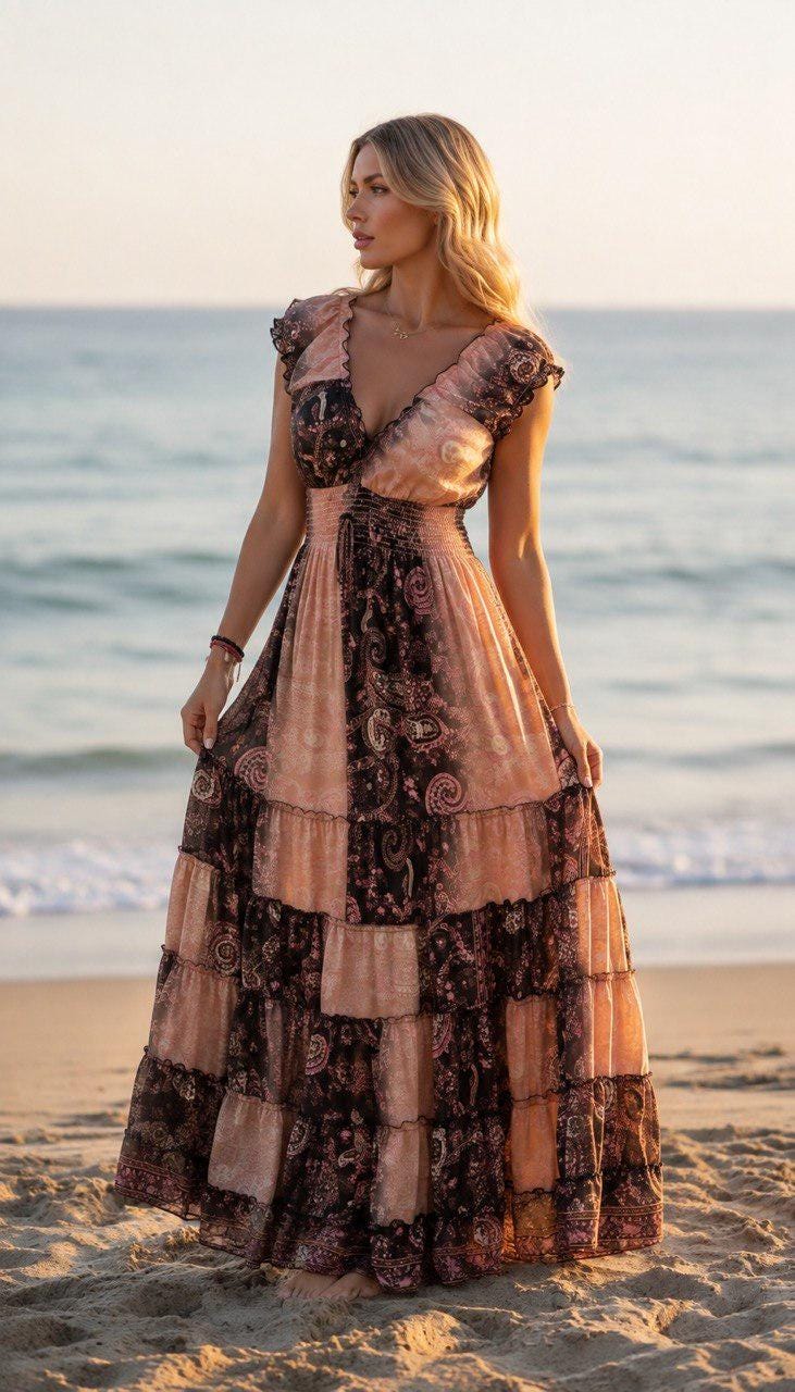 Boho Maxi Dress for Women, Patchwork Floral Long Dress, Smocked Waist Summer Dress, Romantic Beach Vacation Dress, Bohemian Festival Gown.