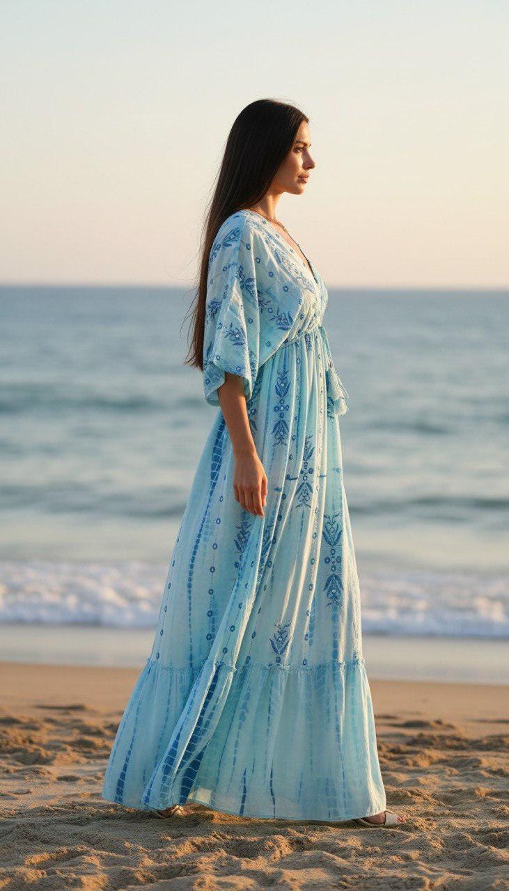 Blue Boho Maxi Dress for Women, Flowy Beach Dress, V Neck Kaftan Maxi Dress, Resort Wear, Summer Vacation Dress, Loose Bohemian Dress.