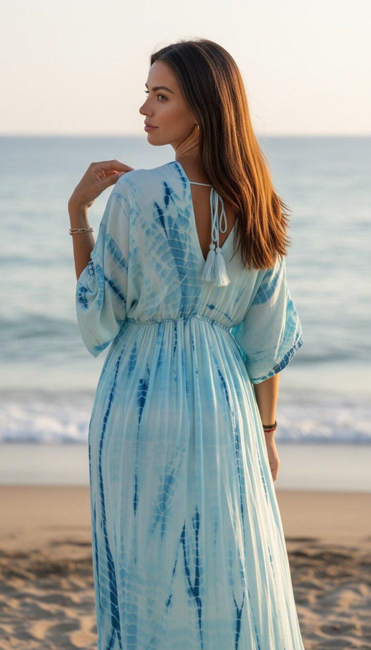 Blue Boho Maxi Dress for Women, Flowy Beach Dress, V Neck Kaftan Maxi Dress, Resort Wear, Summer Vacation Dress, Loose Bohemian Dress.