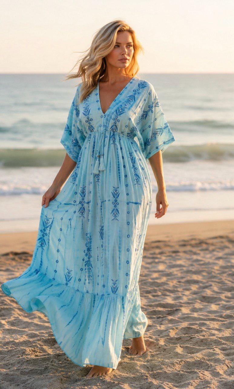 Blue Boho Maxi Dress for Women, Flowy Beach Dress, V Neck Kaftan Maxi Dress, Resort Wear, Summer Vacation Dress, Loose Bohemian Dress.