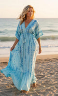 Blue Boho Maxi Dress for Women, Flowy Beach Dress, V Neck Kaftan Maxi Dress, Resort Wear, Summer Vacation Dress, Loose Bohemian Dress.