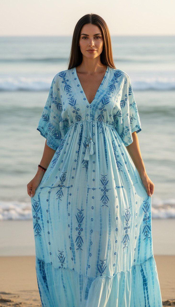 Blue Boho Maxi Dress for Women, Flowy Beach Dress, V Neck Kaftan Maxi Dress, Resort Wear, Summer Vacation Dress, Loose Bohemian Dress.