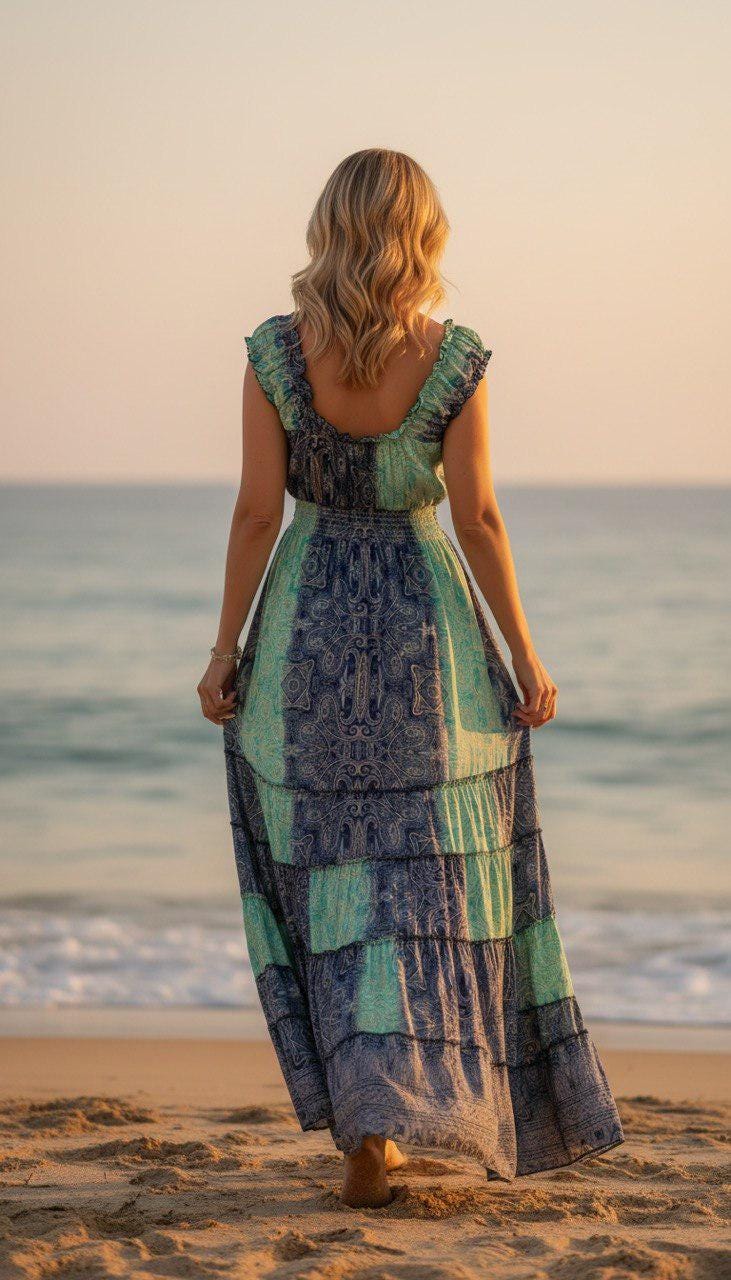 Silk Turquoise Boho Maxi Dress for Women, Patchwork Beach Dress, Flowy Summer Dress, V Neck Bohemian Dress, Resort Vacation Maxi Dress.