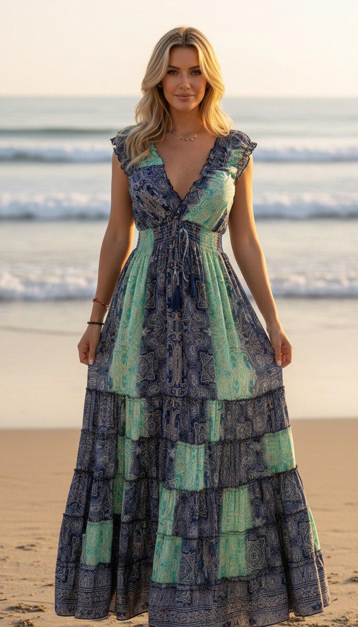 Silk Turquoise Boho Maxi Dress for Women, Patchwork Beach Dress, Flowy Summer Dress, V Neck Bohemian Dress, Resort Vacation Maxi Dress.