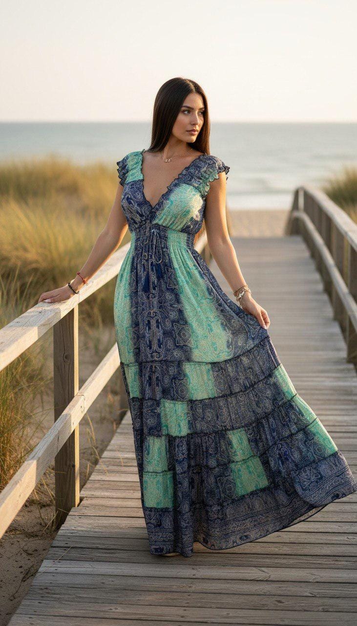 Silk Turquoise Boho Maxi Dress for Women, Patchwork Beach Dress, Flowy Summer Dress, V Neck Bohemian Dress, Resort Vacation Maxi Dress.