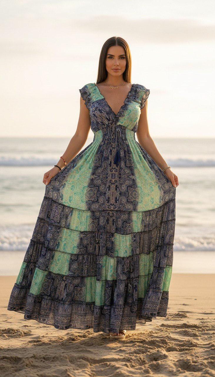Silk Turquoise Boho Maxi Dress for Women, Patchwork Beach Dress, Flowy Summer Dress, V Neck Bohemian Dress, Resort Vacation Maxi Dress.