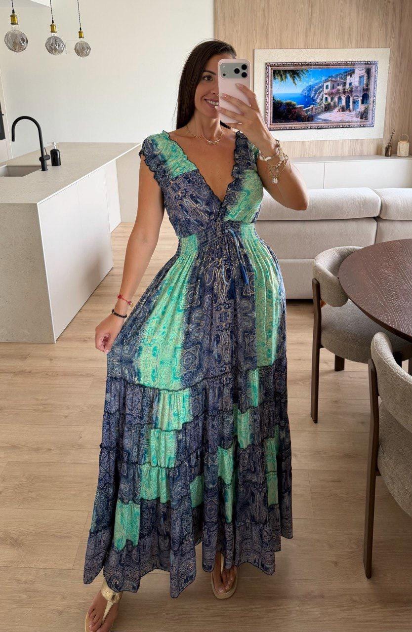 Silk Turquoise Boho Maxi Dress for Women, Patchwork Beach Dress, Flowy Summer Dress, V Neck Bohemian Dress, Resort Vacation Maxi Dress.
