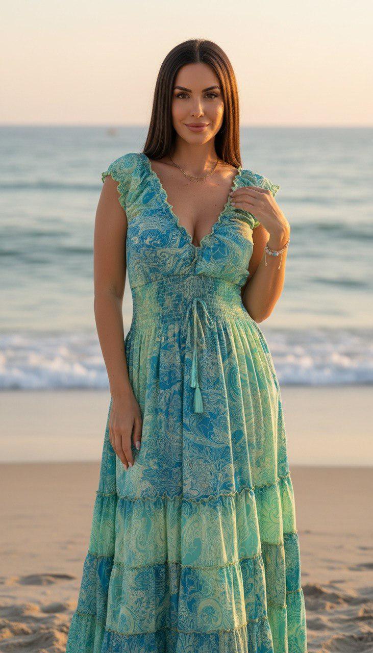 Silk Boho Maxi Dress for Women, Blue Paisley Beach Dress, Flowy Summer Dress, Smocked Waist Bohemian Dress, Resort Vacation Dress.