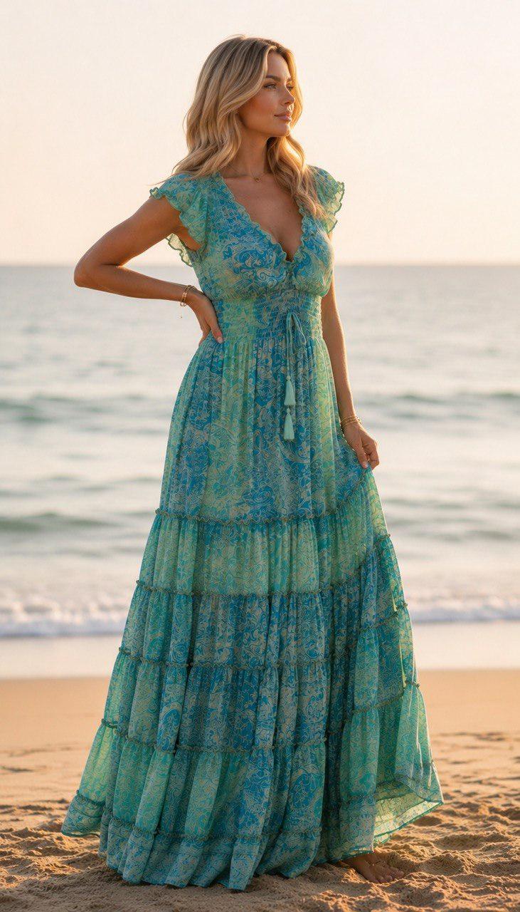 Silk Boho Maxi Dress for Women, Blue Paisley Beach Dress, Flowy Summer Dress, Smocked Waist Bohemian Dress, Resort Vacation Dress.